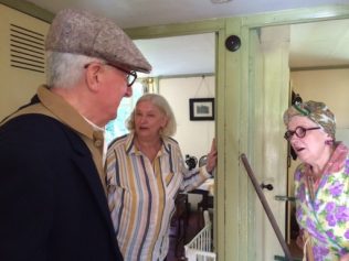 Jane and costumed interpreters in the Avoncroft Museum prefab. July 2016 | Prefab Museum