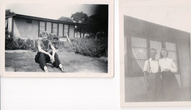 Mother and father of Andree Jones and Pat Cutler in their UK 100 prefab's garden, Birmingham, 50s | Hearn,Jane