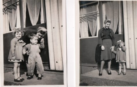 Two photos of Kathryn, her mother Connie and brother Neal outside their prefab