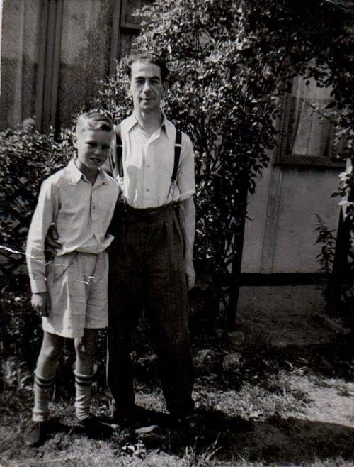 Ben with his dad in their prefab garden, Dartmouth Park Hill, London N19