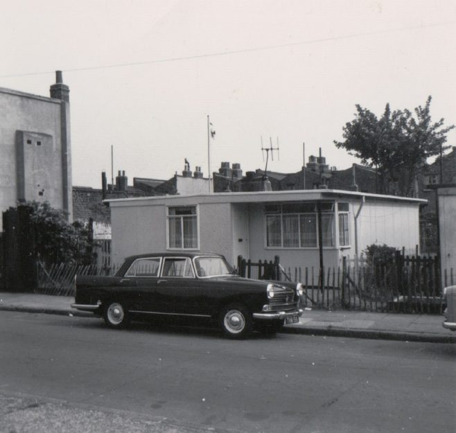 Dad's new Morris Oxford parked outside our prefab at no. 4 Tooke St. London, E14