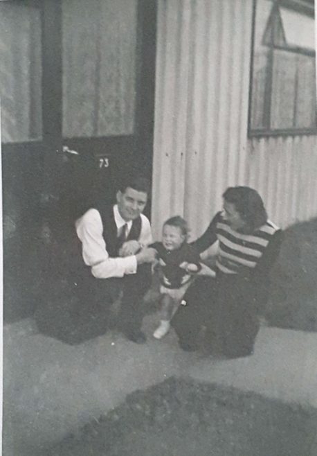 Auntie &amp; Uncle with my brother outside the prefab at Avelon Road. Romford. - Prefab Museum