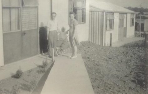 Denise and her mum and dad outside the prefab. Oakwood Hill, Loughton, Essex